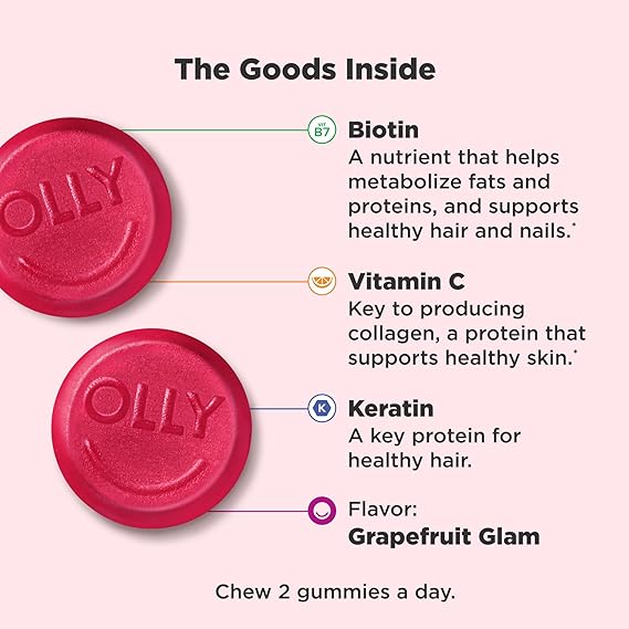 OLLY Undeniable Beauty Gummy for Hair, Skin & Nails | Biotin, Vitamin C & Keratin - Gluten-Free Chewable Supplements, 30-Day Supply, 60 Count