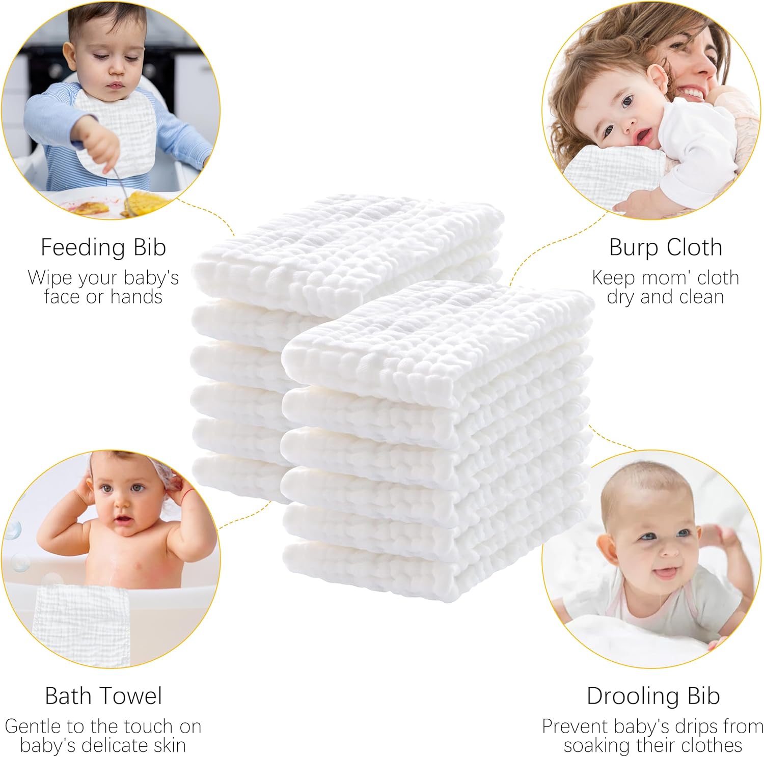 12-Pack Muslin Burp Cloths 100% Cotton – Large 20''x10'', Extra Soft & Absorbent Baby Burping Cloths for Sensitive Skin – White