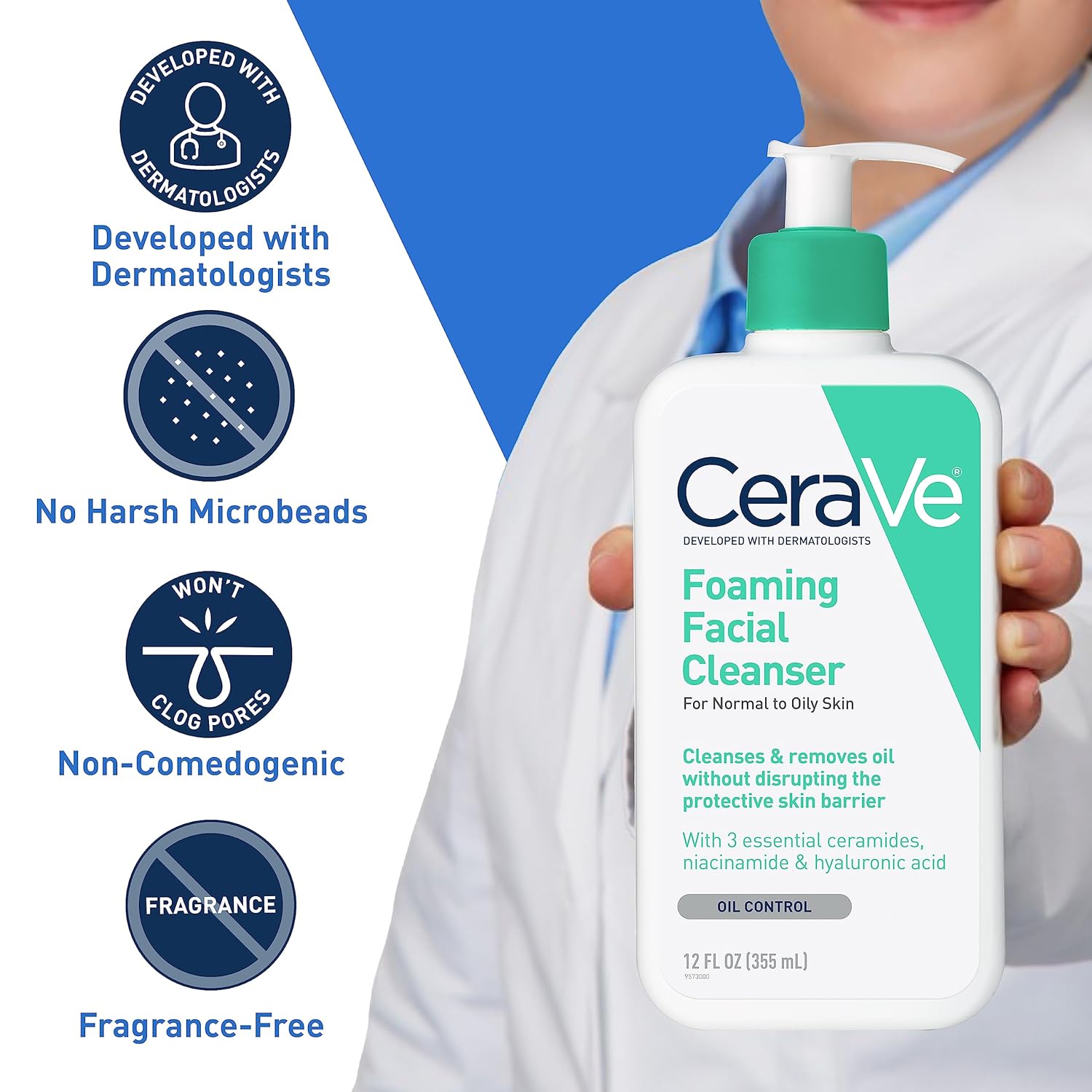 CeraVe Foaming Facial Cleanser - 19 oz | Hyaluronic Acid, Ceramides & Niacinamide for Oil Control