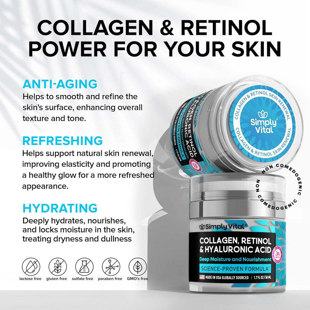 SimplyVital Collagen, Retinol & Hyaluronic Acid Cream – Anti-Aging Moisturizer for Face, Neck & Décolleté (1.7 fl.oz, Made in USA) - Ballimart