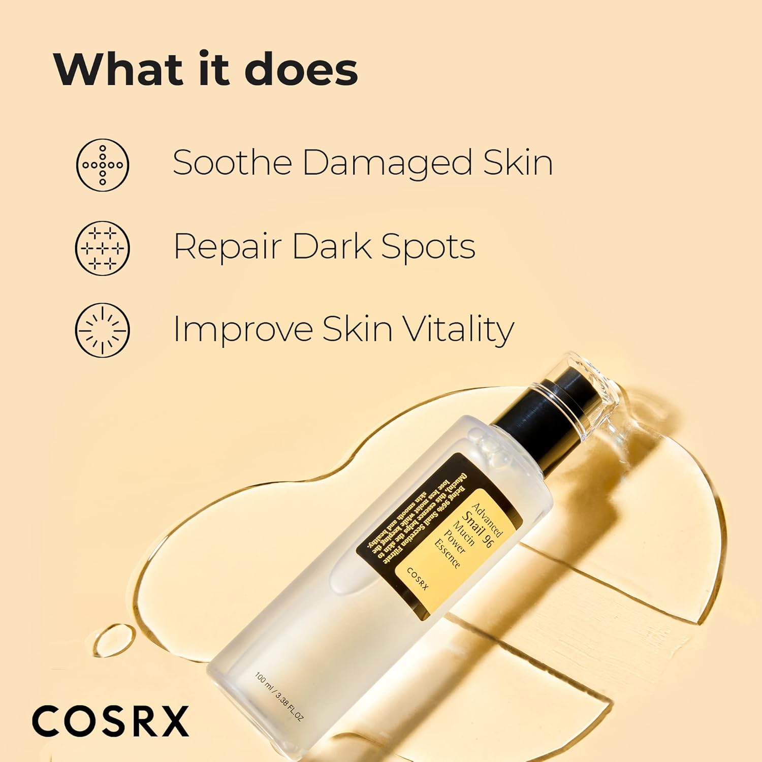 COSRX Snail Mucin 96% Power Repairing Essence – Hydrating Face Serum with Snail Secretion Filtrate, Korean Skincare for Dull Skin & Fine Lines, 3.38 fl.oz (100ml)