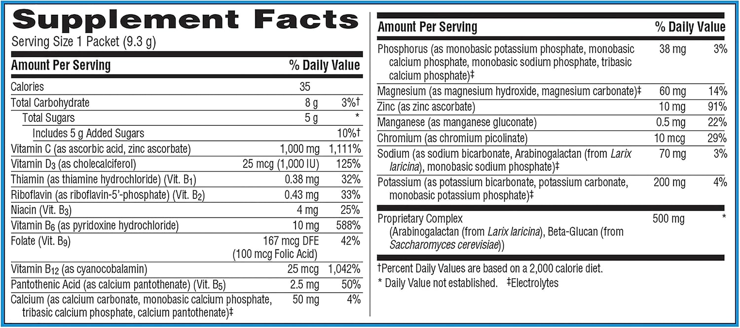 Emergen-C Immune+ Triple Action Powder – 1000mg Vitamin C, BetaVia®, B Vitamins &amp; Antioxidants – Super Orange Flavor – 50 Packets