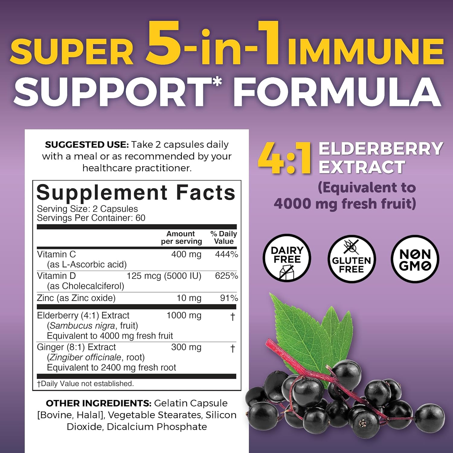 Viva Naturals Elderberry Capsules – 5-in-1 Immune Support with Vitamin C, Zinc &amp; D3 – 1000mg Sambucus Black Elderberry – 120 Capsules