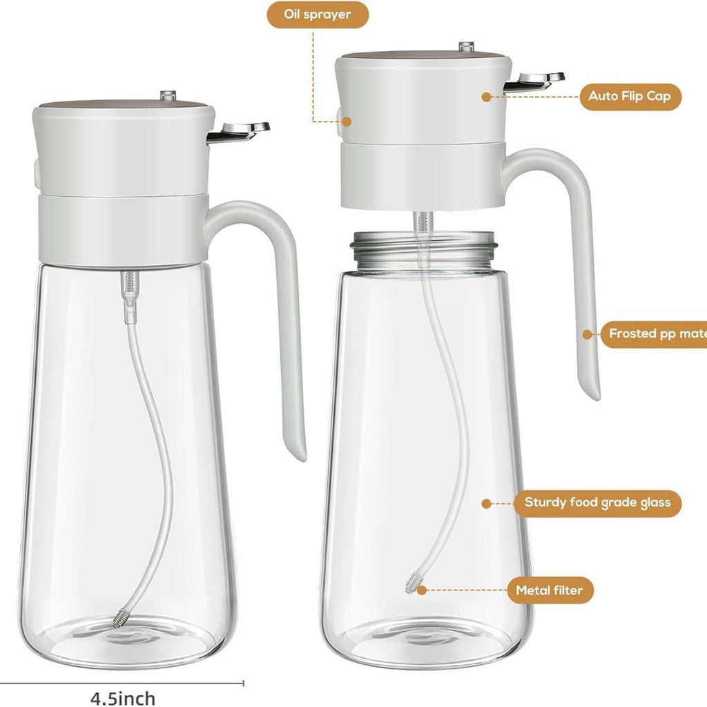 Glass Olive Oil Dispenser Bottle & Oil Sprayer Bottle 2 In 1 for Kitchen Cooking, Auto Flip Cap, 18oz White - Ballimart