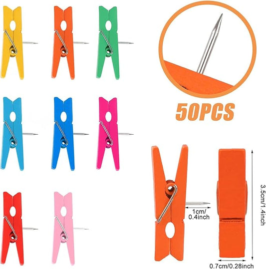 50 PCS Colorful Push Pins with Wooden Clips | Durable Decorative Tacks for Cork Boards, Artworks, Photos, Notes, and Crafts | 8 Vibrant Colors for Home, Office, and School